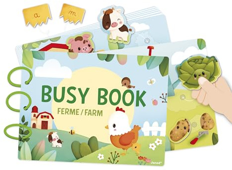 Janod – Thema geschäftige Buchfarm – Französisch/Englisch – 18 Aktivitätsseiten für Babys und Kinder – Busy Board & Kindergarten Educational Toy – Lernen von Zahlen, Alphabet, Tiere... – Ab 3 Jahren