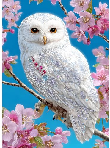 XWDYBDP DIY Diamond Painting Snowy Owl, 5D Luxury Diamond Painting for Adults Beginners Pink Flowers Diamond Embroidery DIY Full Drill White Owl Diamonds Art Home Wall Decoration 30x40 cm
