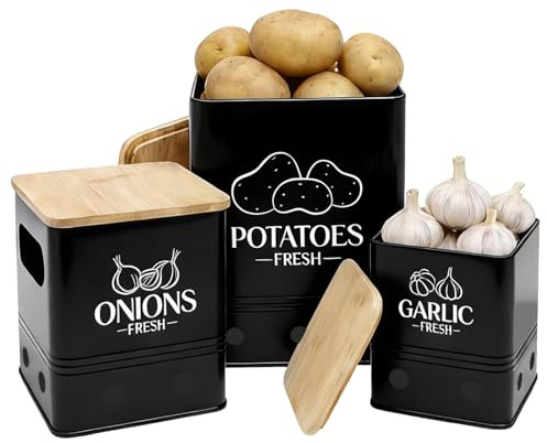 BAODBF 3 Stück Kartoffel Aufbewahrungsbox aus Karbonstahl(Schwarz) | Stapelbare Vorratsdosen mit Bambusdeckel für Zwiebel Knoblauch Gemüse Frischebelüftung Lagerung Küche 18x15.5x23 cm