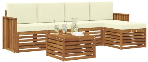 vidaXL Sofagarnituren 6 pcs Natur und Creme Massivholz Akazie, Moderner Garten-Sofa, haltbare Terrasse Sitzgelegenheiten, bequemes Lounge-Möbel für draußen