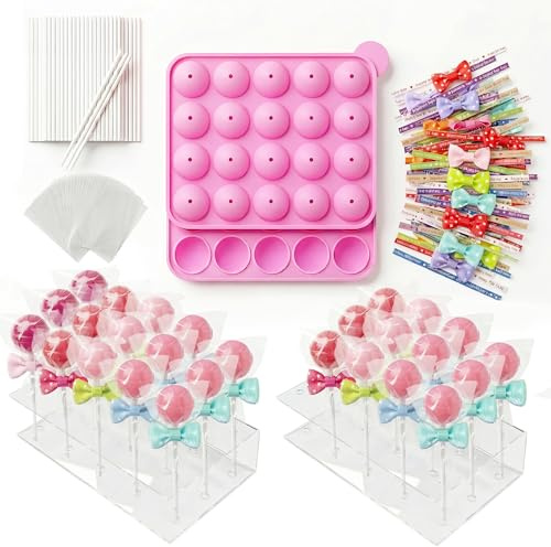 304 Stück Cake Pop Formen Set für Schokolade Süßigkeiten DIY | mit 2 Acryl Lollipop Halter (30 Löcher), Silikon Form Set, 100 klare Beutel, 100 Sticks, 100 bunte Schleifen