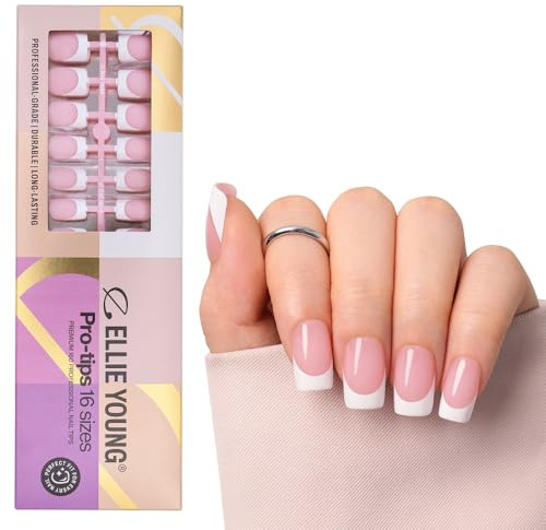 Ellie Young PROTIPS 150pcs Press On Nails,Pink Medium Square French Tip, 15 Sizes, Soft Gel Nail Extensions for DIY Manicure ((ONLY NAILS) Pink Medium Square)