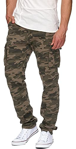 Indicode Herren William Cargohose aus Baumwolle m. 7 Taschen inkl. Gürtel | Outdoorhose Dired Camouflage, M