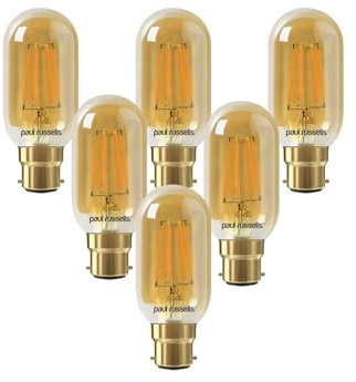 paul russells LED Filament T45 Light Bayonet Cap B22, 35w Equivalent Replacement Antique Bulbs, BC 4.5W 400LM LED 2200K Amber Bulbs, Decorative Ceiling Fittings Energy Saving Lightbulbs, Pack of 6
