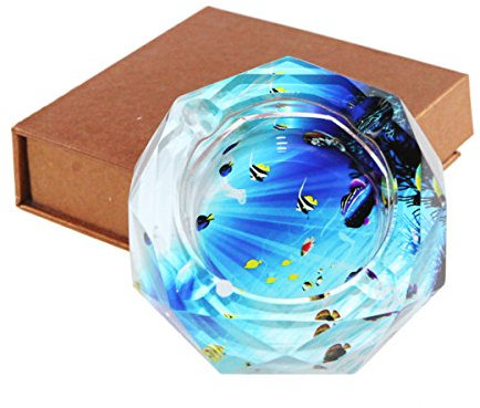 Apol Wunderschöner achteckiger Aschenbecher aus Kristallglas, 9,9 cm, für Zigarren-Zigaretten-Aschenbecher, für Zuhause, Büro, Tischdekoration, Geschenk für Väter (Ocean World)