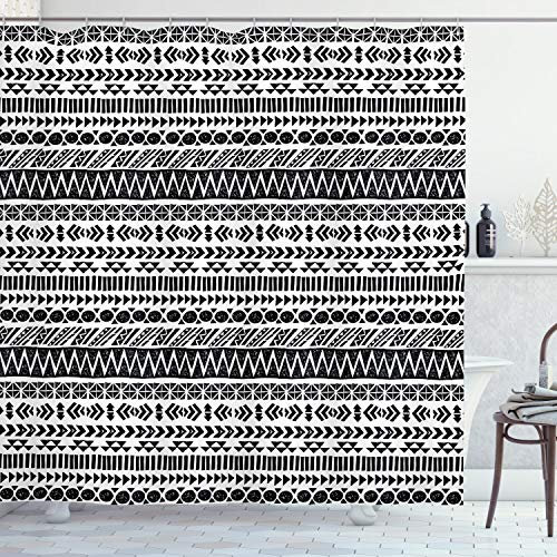 ABAKUHAUS Trippy Duschvorhang, Aztec Mystic Alt, Stoffliches Gewebe Badezimmerdekorationsset mit Haken, 175 x 180 cm, Weiß Schwarz