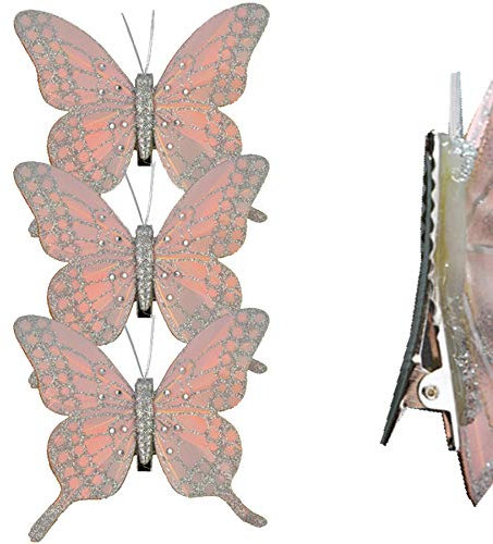 Christmas 3 Pack Clip on Feather Butterfly with Glitter Tree Decoration - Pink