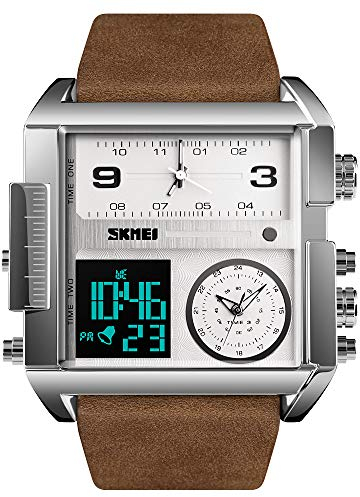 SKMEI Herren Digital Sportuhr LED Quadratisch Großes Zifferblatt Analog Quarz Armbanduhr mit Multi-Time Zone Wasserdicht Stoppuhr Silberkaffee