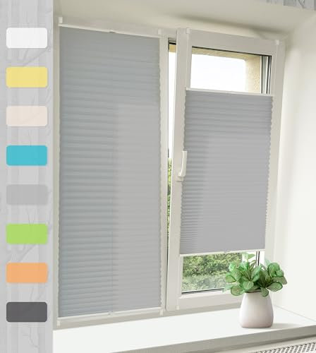Vkele Plissee ohne Bohren Klemmfix – Faltrollo Jalousie Hellgrau 110x130cm(BxH), Lichtdurchlässig & Blickdicht, Sonnenschutz & Sichtschutz, Easyfix Rollo für Fenster & Tür