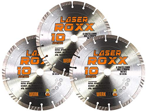 Werkmax Diamanttrennscheibe 230 mm. 3-er SET. Laser Roxx Diamantscheibe für Beton, Pflasterstein, Ziegel, Granit, Naturstein