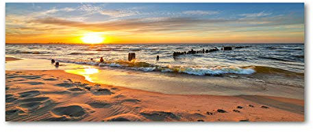 Tulup Impression sur Verre 125x50 cm Image Tableau Photo décorative panoramique pour la Cuisine et Le Salon - Paysage - Plage Coucher De Soleil - Jaune