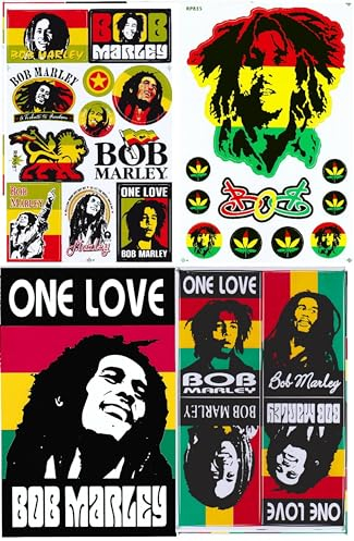 4 Bögen UV & Wetterfeste Aufkleber Sticker Promotion Sparset Bob Marley One Love Peace Irie Jamaika Musik Reggae Rasta Auto - vorgestanzt 26,5 x 17,5 cm