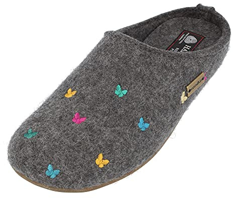 HAFLINGER Farfalline Wool Felt Butterfly Motif Womens Slip On Mule Slippers Unisex Grey (Anthracite 04) EU 41