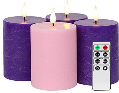 Fanna Advent Flameless Pillar Candles with Timer, Battery Operated Led Candle for Christmas with Remote,8 Batteries Included - Set of 4 (D 7.5 cm x H 10 cm)