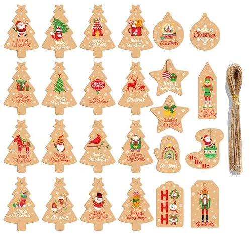Youery 50 Stück Baumschmuck Weihnachten, Geschenkanhänger Weihnachten, Etiketten Papier Geschenke, Papieranhänger mit Juteschnur für Weihnachten DIY Basteldekorationen (A)