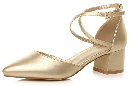 AJVANI Womens Ladies mid Block Heel Cross Strap Evening Mary Jane Court Shoes Size 6 39 Gold