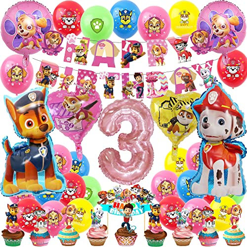 Patrol Geburtstagsdeko Mädchen Hund Geburtstag Party Rosa Ballon Deko Set für Mädchen 3 Jahre Helium Folienballon Banner Toppers Dekoration (Zahl 3)