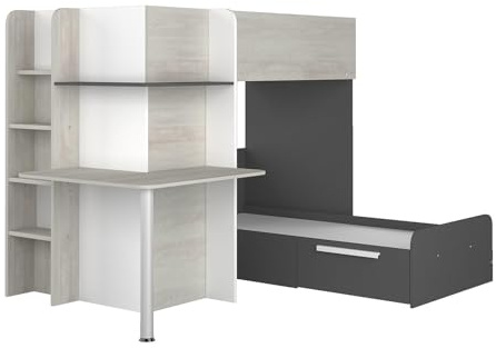 Vente-unique Hochbett mit Schreibtisch + Bettboden - 2 x 90 x 190 cm - Weiß, Schwarz & Grau - Samuel
