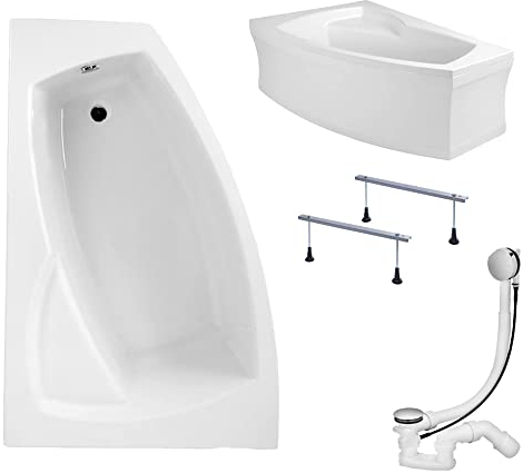 KOLMAN Badewanne FRIDA Eckbadewanne 150x90 Links mit AcrylSchürze, Ablaufgarnitur und Füßen Komplettset 4in1 Premium Original Acryl Wanne Siphon