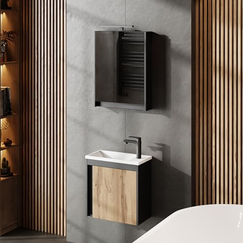 Planetmöbel Badmöbel Set 3-teilig Waschbecken mit Unterschrank 50 x 48,3 x 24,8 cm grau matt/Wotan Eiche, Spiegelschrank 50 x 65 x 11,4 cm mit LED Aufbauleuchte