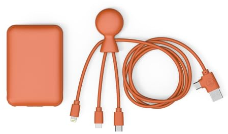 Powerbank Recycelter Kunststoff - 4 in 1 USB-Multi-Kabel: USB C, USB, Lightning, Micro USB und Powerbank 5000mAh Schnelles Laden Für Smartphones Universell - Mr Bio Pack Long 1m Orange Xoopar