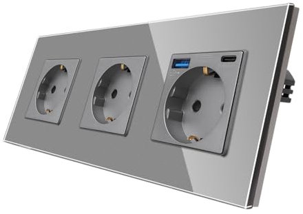 CNBINGO Glas Dreifach Steckdose mit 2 USB Ports, 1× (Typ-C und Typ-A unterstützung 20W Schnellladen) - Schuko Steckdose Unterputz in Grau - Schutzkontakt Wandsteckdose mit Glasrahmen