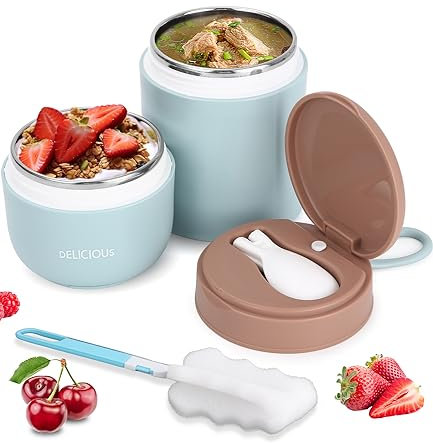 FAOKZE Taza de cereales 2 en 1, 430ml + 300ml taza de yogur de acero inoxidable con cuchara, para rellenar sopas, ensaladas, pasta, postres de yogur, para la escuela, oficina, viajes (blue)