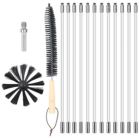 4.8m Chimney Cleaning Brush Kit, Chimney Brush Fireplace Cleaning Tools with 12 Sweep Rods+4Brush Head+Wood Long Brush, Duct Vent Cleaning Set, Sweep Brush Tool