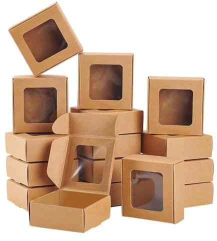 BENECREAT 36 Paquet 7.5x7.5x3 cm Boîte en Papier Kraft Brun avec Fenêtres Transparentes Boîte-Cadeau Pliable en Papier Goodies Boîte à Bonbons Boîte à Dessert pour Emballage de Boulangerie de Mariage