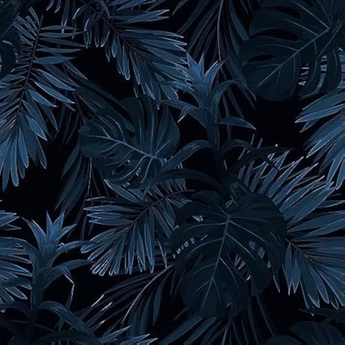 ReWallpaper Peel and Stick Wallpaper Blue Pattern Leaf Black Wallpaper Vintage Wallpaper Self Adhesive Dark Blue Sticky Back Plastic Patterned for Furniture Tropical Wallpaper for Walls 44.5cm×3m