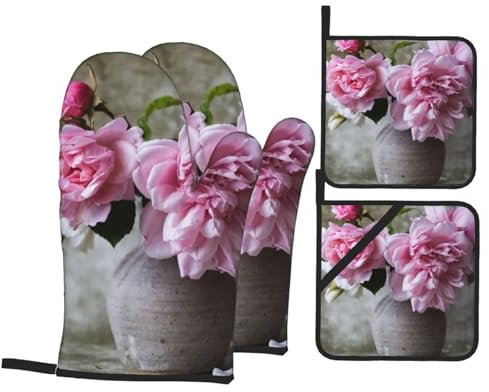 Pretty Roses Lot de 4 maniques et maniques imperméables et résistants à la chaleur pour cuisiner, cuire et griller