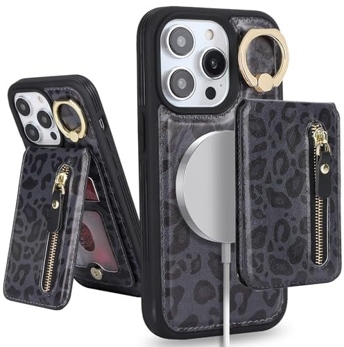 SailorTech iPhone 15 Pro Max Phone Case with Card Holder, iPhone 15 Pro Max Case Magsafe Ring Stand with Kickstand Card Slots Wallet Detachable 2-in-1 Zipper Case - Black Leopard