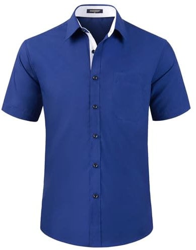 HISDERN Men's Short Sleeve Navy Blue Shirt Regular Fit Formal Casual Button Down Business Shirt with Chest Pocket,2XL