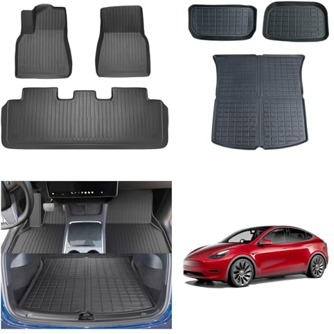[6 Stück] GAFAT Tesla Model Y 2021-2023 2024 Kofferraummatten+Fussmatten, TPE Allwetter Innenmatten für Kofferraum & Boden, Hohe Kante Original 3D-Scannen Model Y Fußmatten