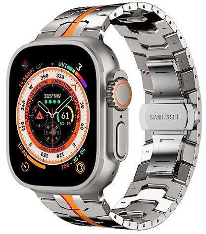 Fullife Compatible with Apple Watch 49mm 45mm 44mm 42mm Metal Strap,Stainless Steel Link Bracelet Straps Replacement Band for iWatch Ultra 2/Ultra Series SE/9/8/7/6/5/4/3/2/1,Titanium/Orange