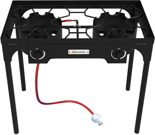 Outsunny Fornello a Gas con 2 Bruciatori 9.2 KW, Fornello da Campeggio in Metallo con Gambe Rimovibili, Nero