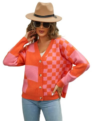 HEYPORK Damen Herbst Winter Warm Bequem Jacke Casual Mode übergangsjacke Mantel Frauen Strickwaren Karierten Patchwork-Pullover Strickjacke(Orange, XL)