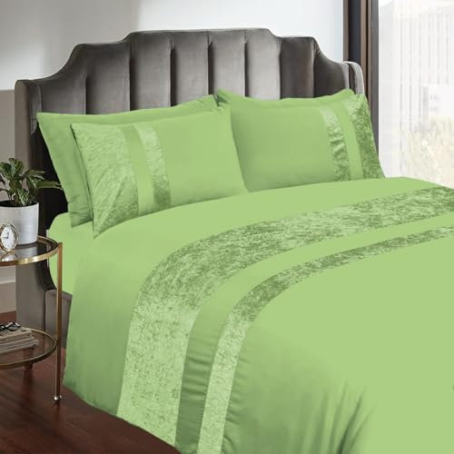 Casabella Luxury Crushed Velvet Panel Band Duvet Cover Sets with Pillow Case King Size Duvet Cover Bedding Set – Sage Green Crush Velvet King Duvet Cover Sets