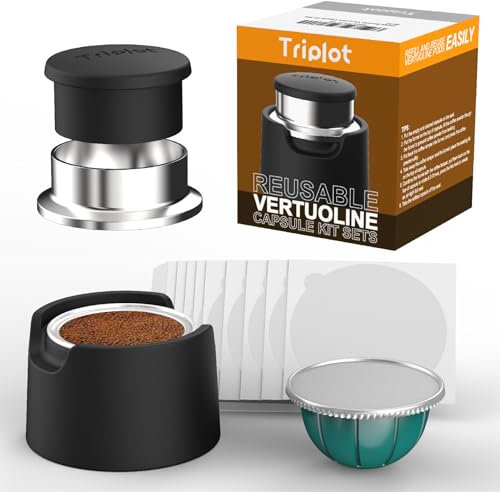 Triplot Kit de capsules Vertuo réutilisables, 100 couvercles en aluminium de 63 mm, siège en silicone, doseur à café, entonnoir en acier inoxydable pour remplir les capsules Nespresso Vertuo (capsules