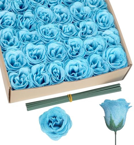 Rzoukler Lot de 30 roses artificielles à paillettes avec tige pour bouquet de mariage, fête, Noël, décoration d'intérieur (bleu clair)