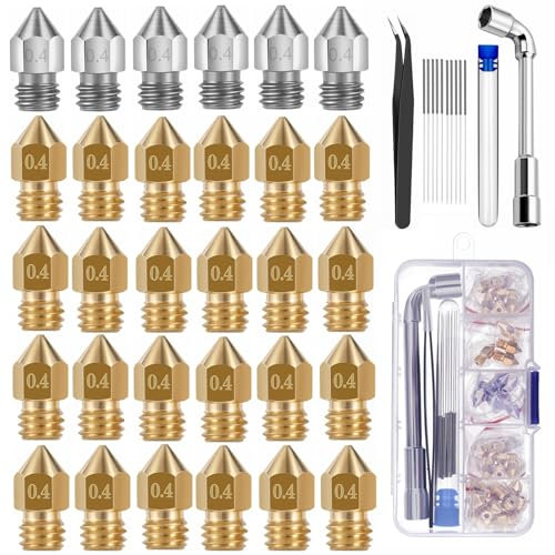 30pcs Nozzles,0.4mm Nozzle,3D Printer Brass Stainless Steel Hotend Nozzles for Creality Ender 3 V2/Ender 3/Ender 3 Pro/Ender 3 Max/Ender 5 Pro/Ender 3 S1/Ender 3 Neo/CR 10 Series ...