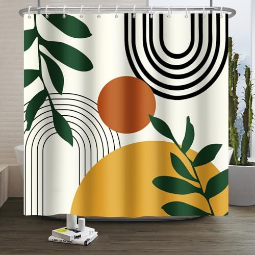 Xiaoterna Sole Linea Tenda da doccia Foglie Sole Linee Arco Tenda da bagno Tenda da doccia astratta Tenda da doccia resistente alla muffa Tessuto impermeabile lavabile in lavatrice 240x180cm