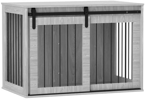 PawHut Hundekäfig für Zuhause, Abschließbar Hundehütte mit Eingang, Hundebox mit Schiebetür, Hundehaus für große Hunde unter 30 kg, Grau, 98 x 58 x 61 cm