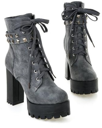 ENWIND Botas Militares Mujer Botines de Tacón Alto Plataforma Moda Invierno Botas Cortas con Cordones y Cremallera,Gris,35 EU