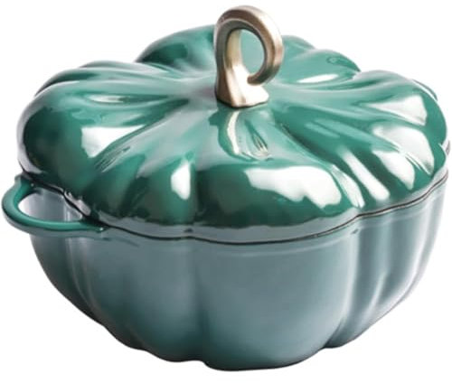 WENNEWU Pumpkin Cast Iron Enamel Stew, Casserole with Lid And Handles, Pumpkin Cast Iron Oven, Non Stick Pumpkin Pot, Cookware Cooking Pot, for Soup Porridge Stew,Green