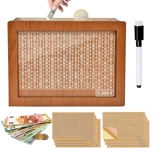 Soodyoow Hucha de Madera, Hucha con Contador, Hucha con números, Caja de Ahorros de Madera, Hucha de Dinero Reutilizables Ayuda a los Adultos y niños a Ahorrar el hábito(Objetivo 500-10000 Euros)