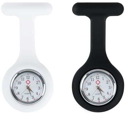 Fob Watch, 2PCS Nurses Fob Watch, Silicone Nurse Watch with Brooch, Infection Control Design, Pocket Clock with Pin for Health Care Nurses Doctors Staff Brooch Digital Fob Watch for women(White,Black)
