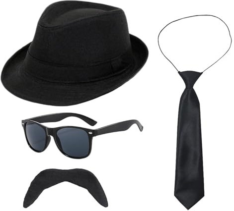 UILYNIU 4 Stück Gangster Kostüm Herren, 1920s Jahre Herren Accessoires Schwarz Hut Gläser Krawatte Schnauzbart, Mafia Gatsby Panama Gangster Hut Erwachsene Kostüm fur Halloween Karneval (Schwarz)