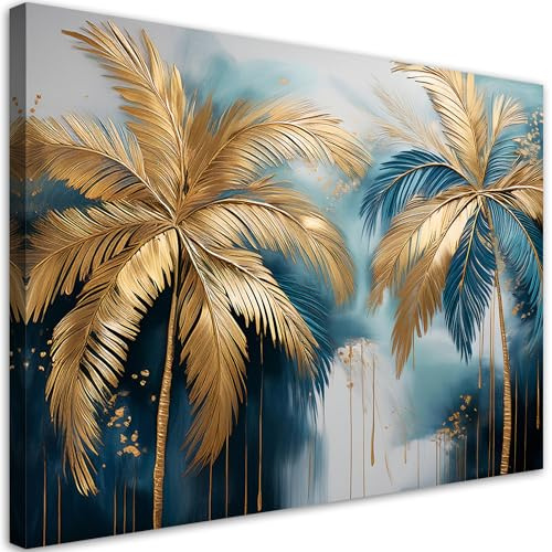 Feeby Viles - Leinwand Bilder - Goldene Palmen abstrakt - 120x80 cm - Deko Wohnzimmer - Wandbilder Schlafzimmer - Deko Aesthetic - Wand Deko - Leinwand Groß - Deko Zimmer - Leinwandbilder XXL