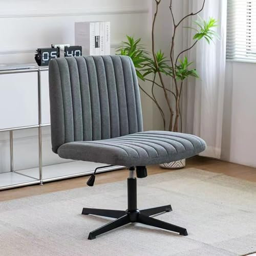 sjdoPulse Bürostuhl Ohne Armlehnen, Schreibtischstuhl Ohne Rollen, Höhenverstellbar, Drehstuhl Für Computer, Drehstuhl Für Schminktisch, Braunes Baumwollleinen/Blaues Baumwollleine,Grey Cotton Linen